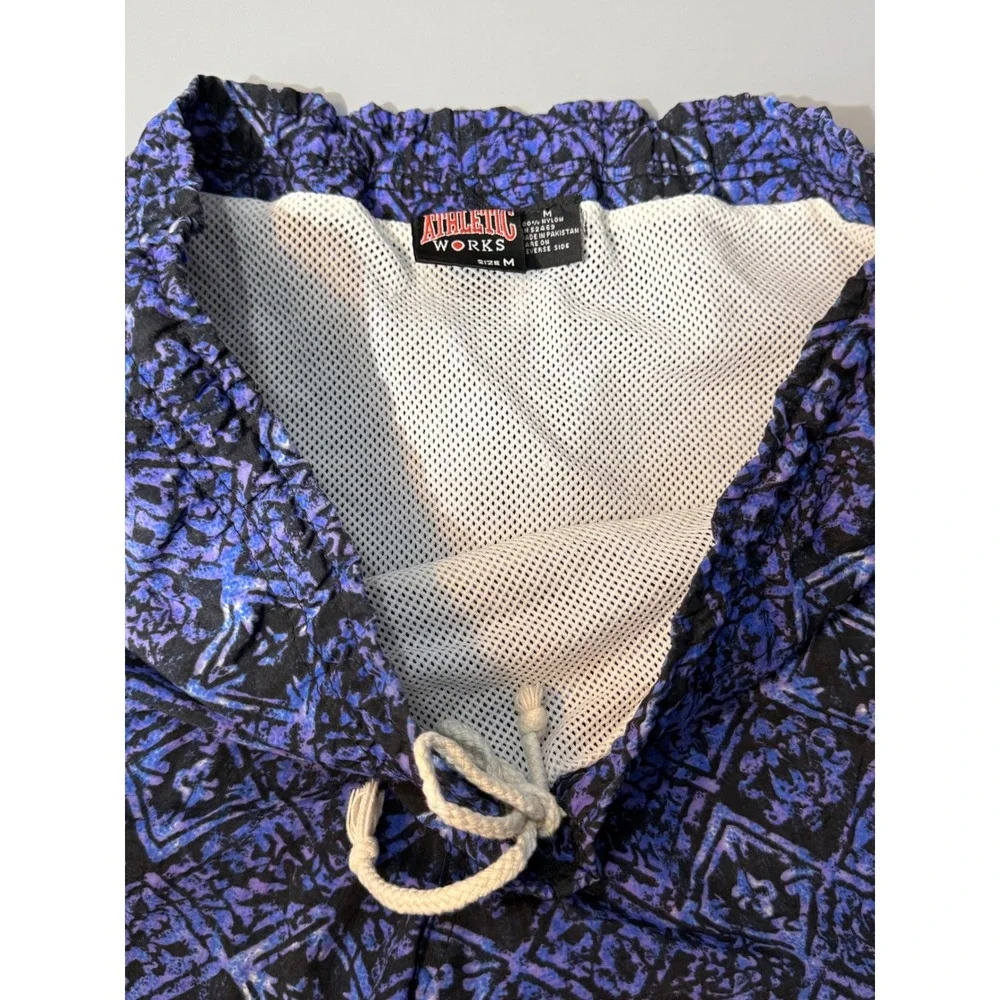 Vintage 90s Athletic Works Blue Black Geometric Swim Trunks Mesh Lined M